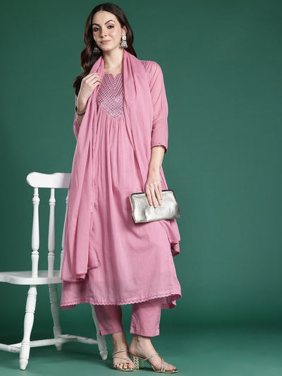 Indyancart IE Embroidered Pure Cotton Kurta with Trousers & Dupatta
