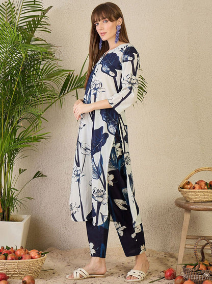 Indyancart IE Printed Notch Neck Straight Pure Cotton Tunic & Trousers