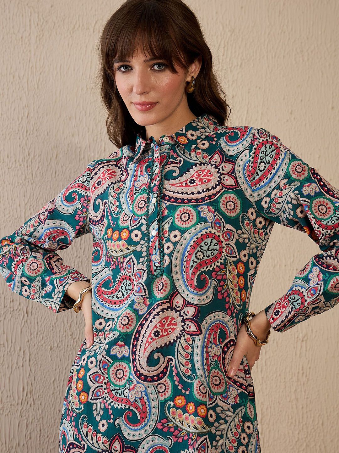 Indyancart IE Printed Shirt Collar Pure Cotton Straight Tunic With Trouser