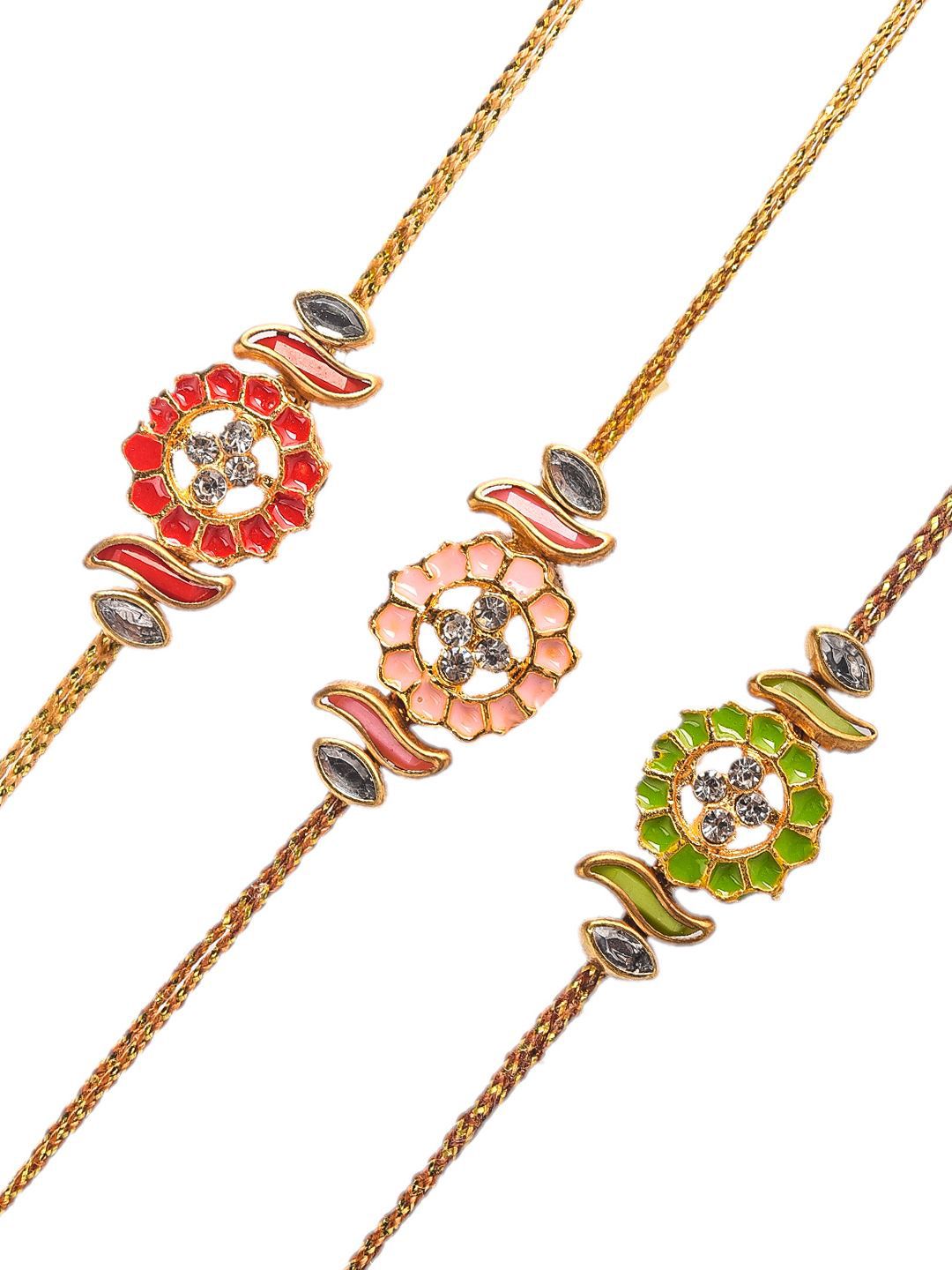 Anouk Set Of 3 Red Kundan-Studded & Beaded Rakhi With Roli Rice & Greeting Card