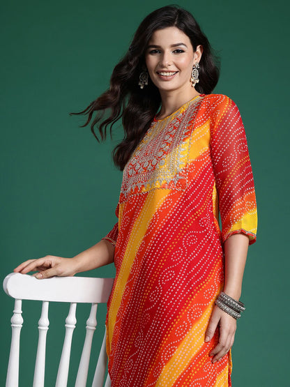 Indyancart IE Bandhani Printed Zari Georgette Kurta