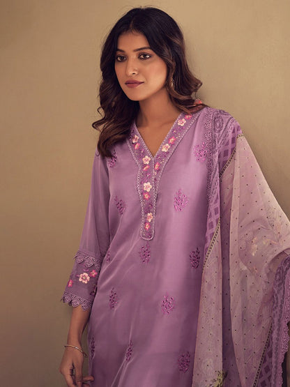 Dhiyona IE Lavender Floral Embroidered Thread Work Kurta with Trousers & Dupatta