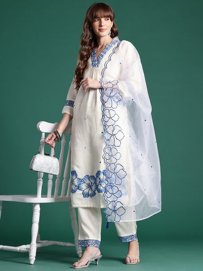 Floral Embroidered Kurta with Trousers & Dupatta