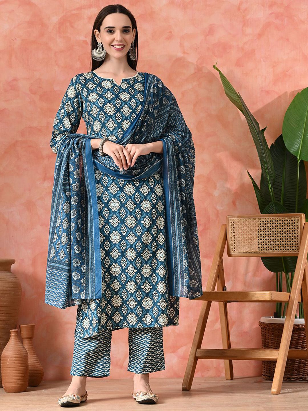 Indyancart SN Women's Printed A-Line Kurta With Trousers & Dupatta