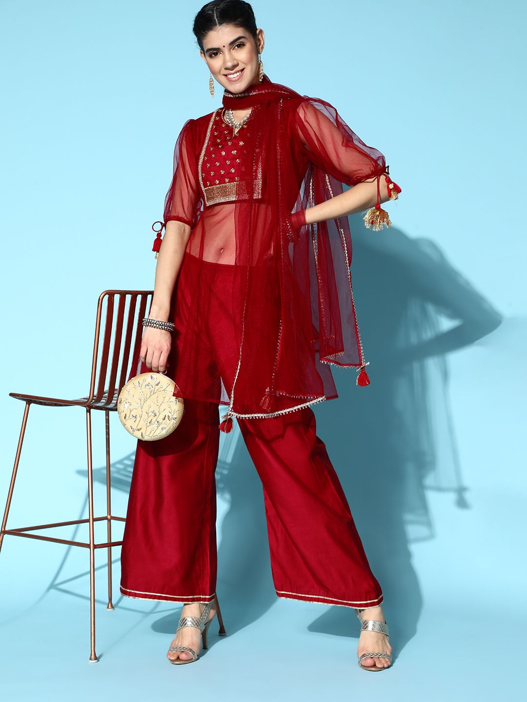 Indyancart IE Red Liva Sheer Kurta Set
