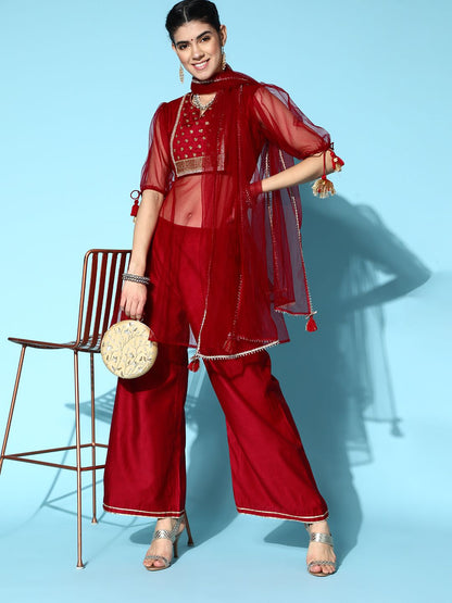 Indyancart IE Red Liva Sheer Kurta Set