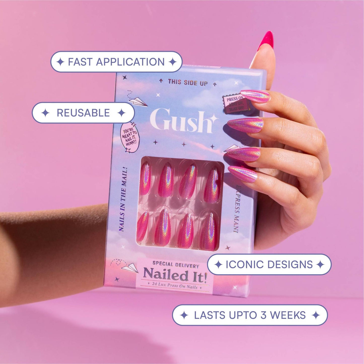 Gush Beauty Nailed It Reusable Luxury Press On Nails With Application Kit - Citrus Pop Cat Eye