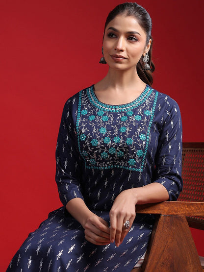 Indyancart IE Ethnic Motifs Round Neck Regular Mirror Work Straight Kurta Kurta