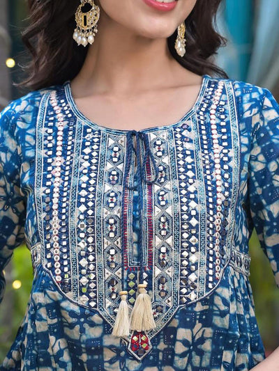 Indyancart VA Women'sMirror Work Yoke Embroidered A-Line Kurta With Tonal Afghan Trouser & Dupatta