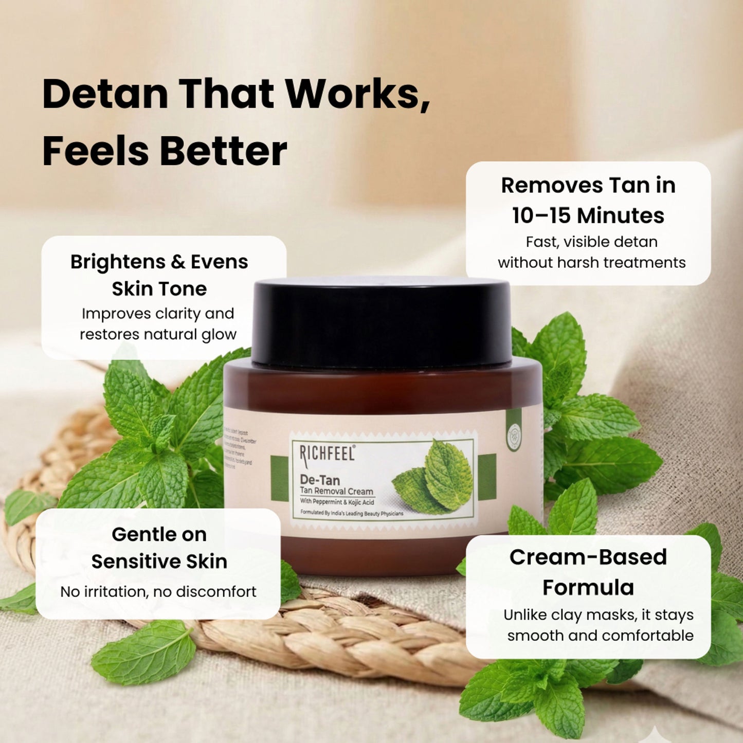 Richfeel De-tan Cream: Natural Tan Removal Face Pack with Peppermint, Honey & Cucumber , Ayurvedic