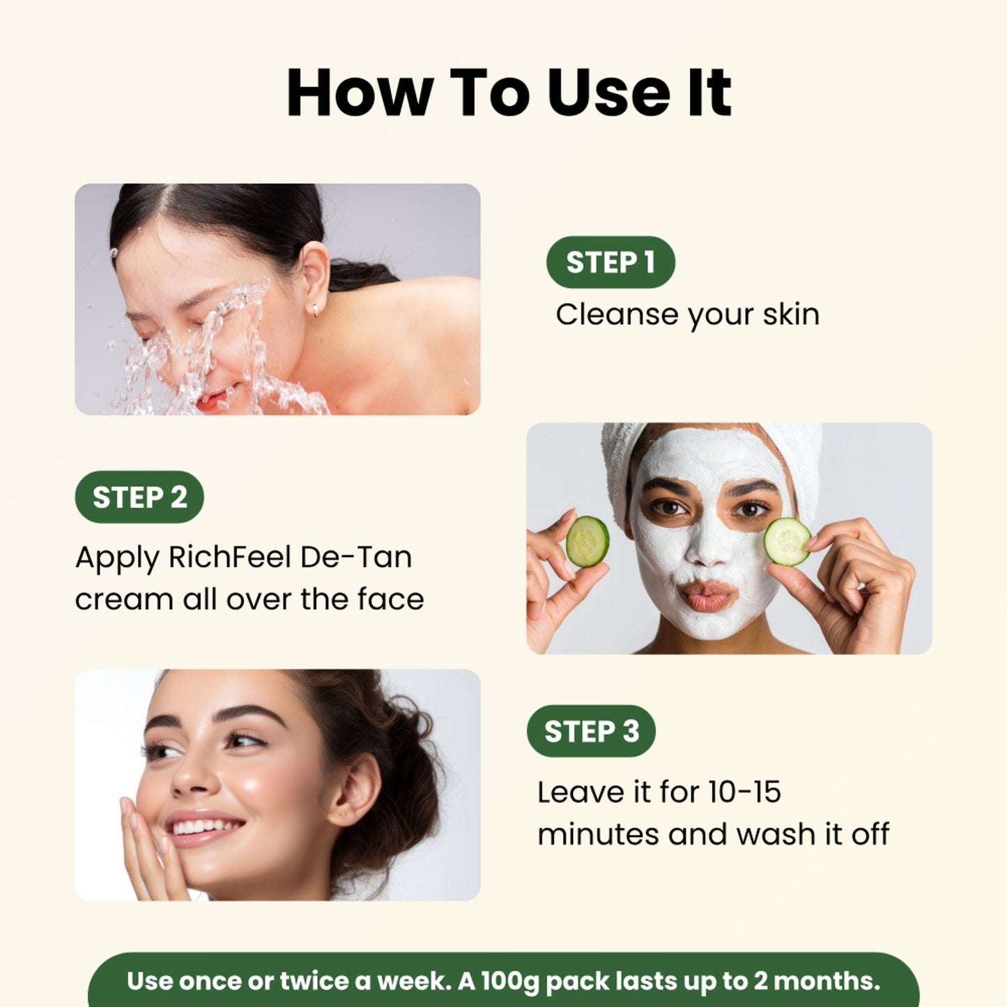 Richfeel De-tan Cream: Natural Tan Removal Face Pack with Peppermint, Honey & Cucumber , Ayurvedic