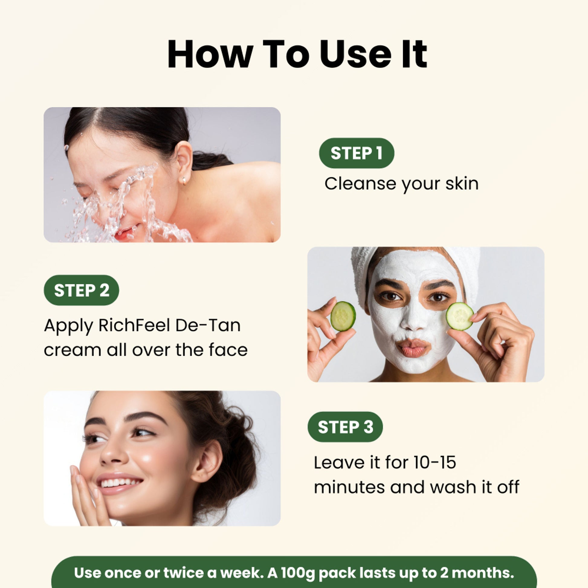 Richfeel De-tan Cream: Natural Tan Removal Face Pack with Peppermint, Honey & Cucumber , Ayurvedic