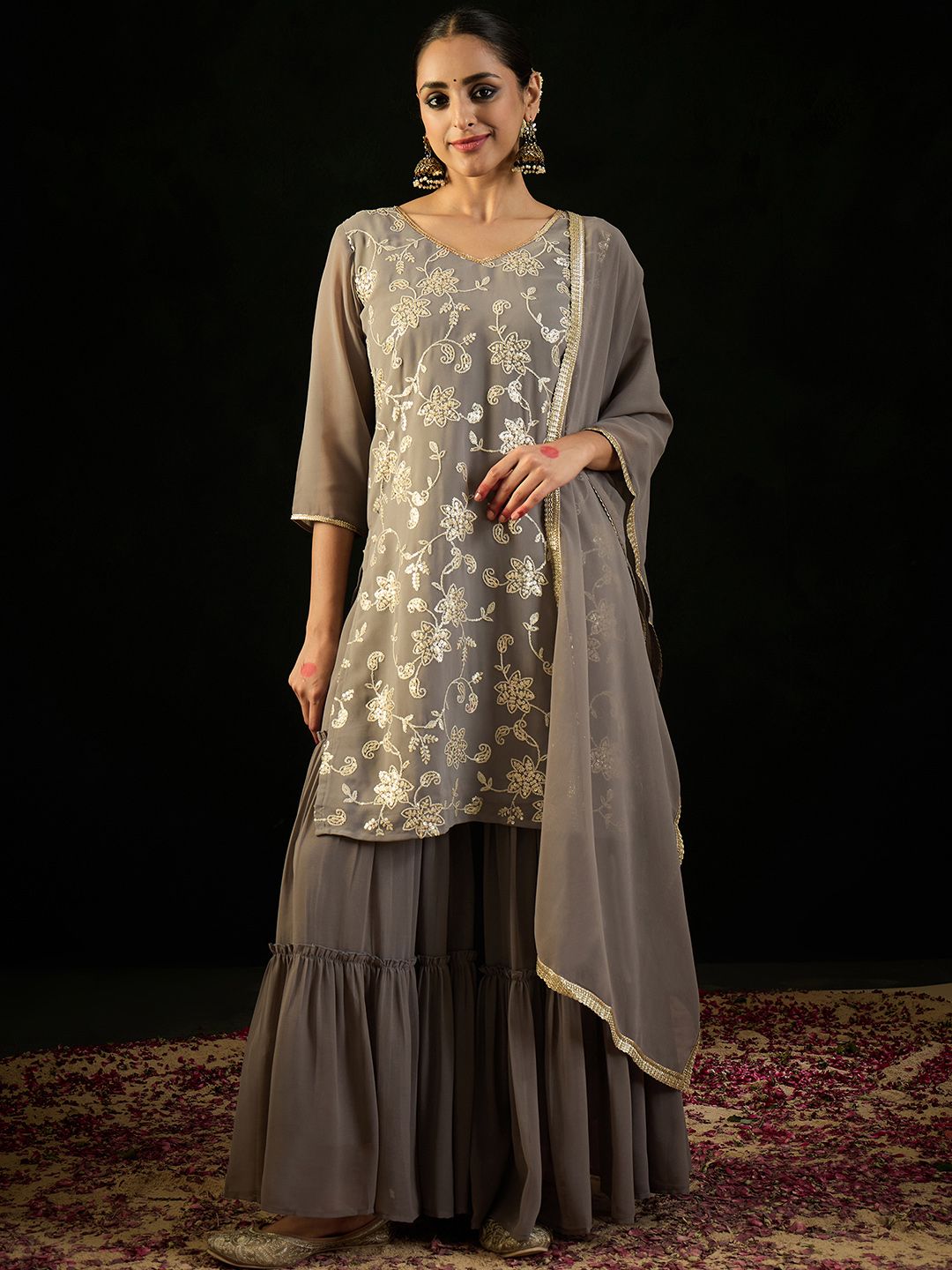 Indyancart IE V Neck Floral Embroidered Thread Work Kurta with Sharara & Dupatta