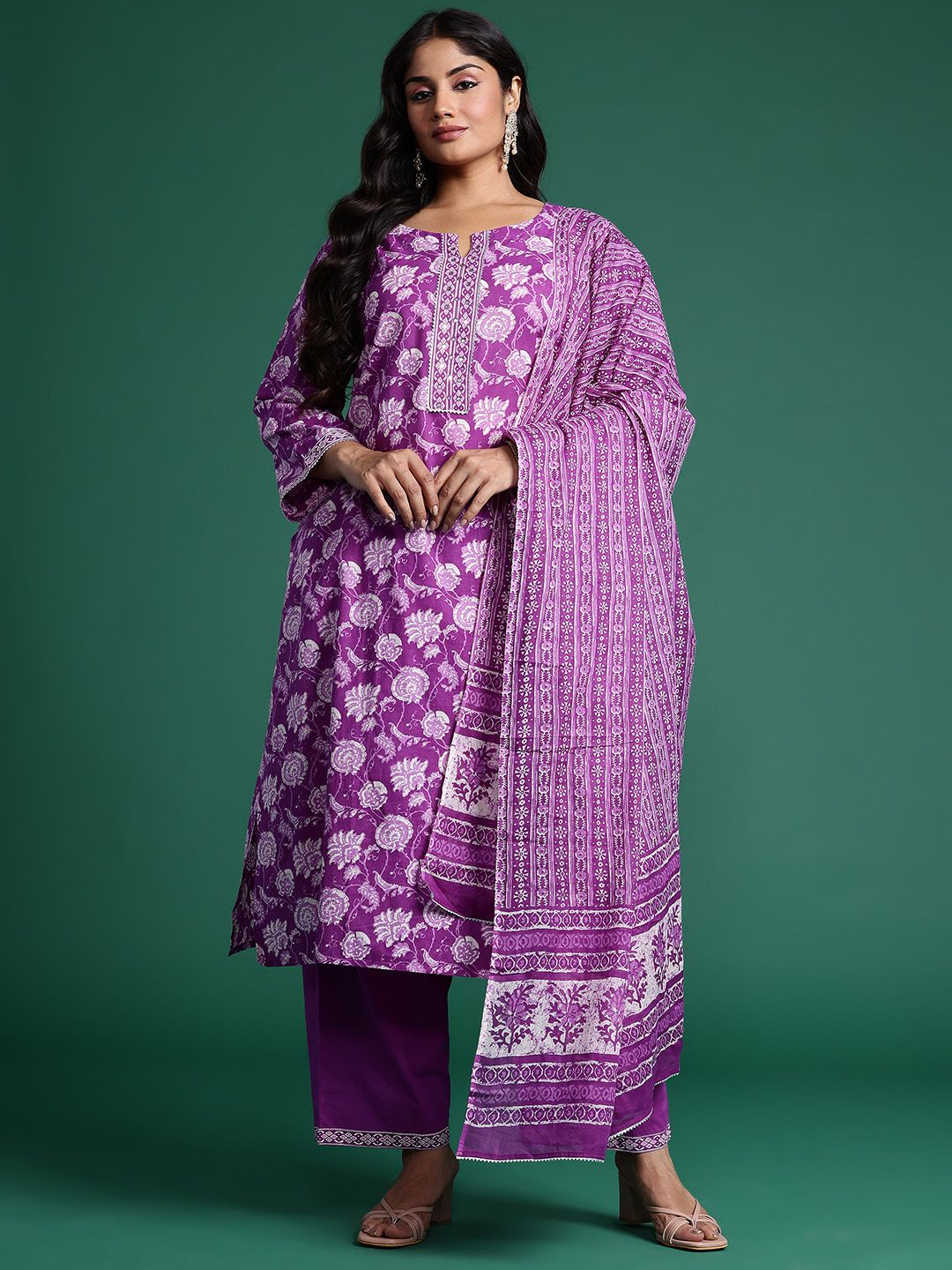 Indyancart Women's Plus Size Floral Printed Mirror Work Pure Cotton Kurta Set