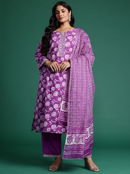 Indyancart Women's Plus Size Floral Printed Mirror Work Pure Cotton Kurta Set