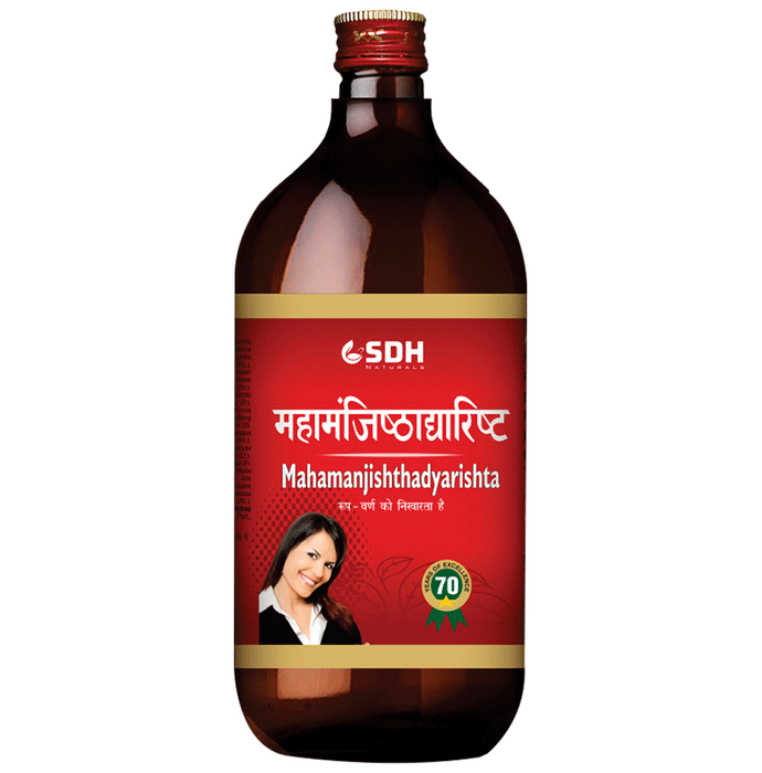 SDH Naturals Mahamanjishthadyarishta Ayurvedic syrup in a glass bottle with a label, ready for traditional herbal remedy use.