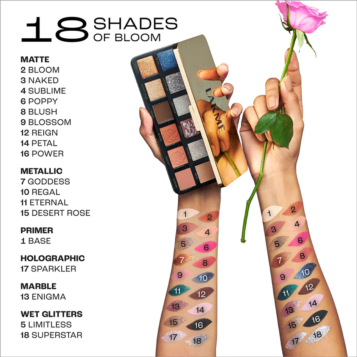 Lakme Rouge Bloom Eyeshadow Pro-Palette, 18 Shades For Infinite Looks, Infused With Rose Oil