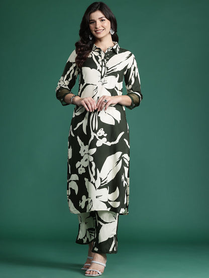 Indyancart IE Floral Printed Sequinned Kurta with Trousers