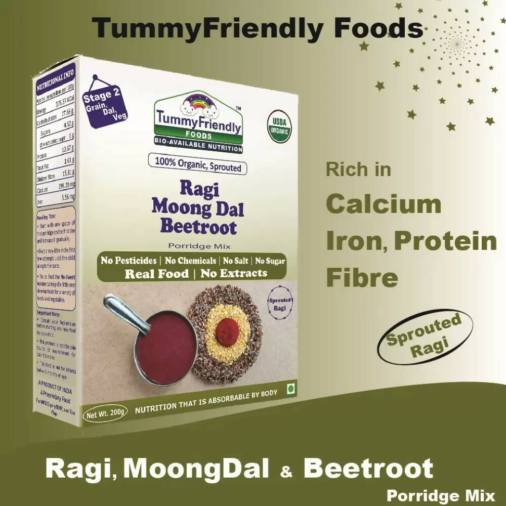 TummyFriendly Foods Organic Sprouted Ragi, Moong Dal, Beetroot Porridge Mix