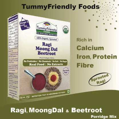 TummyFriendly Foods Organic Sprouted Ragi, Moong Dal, Beetroot Porridge Mix