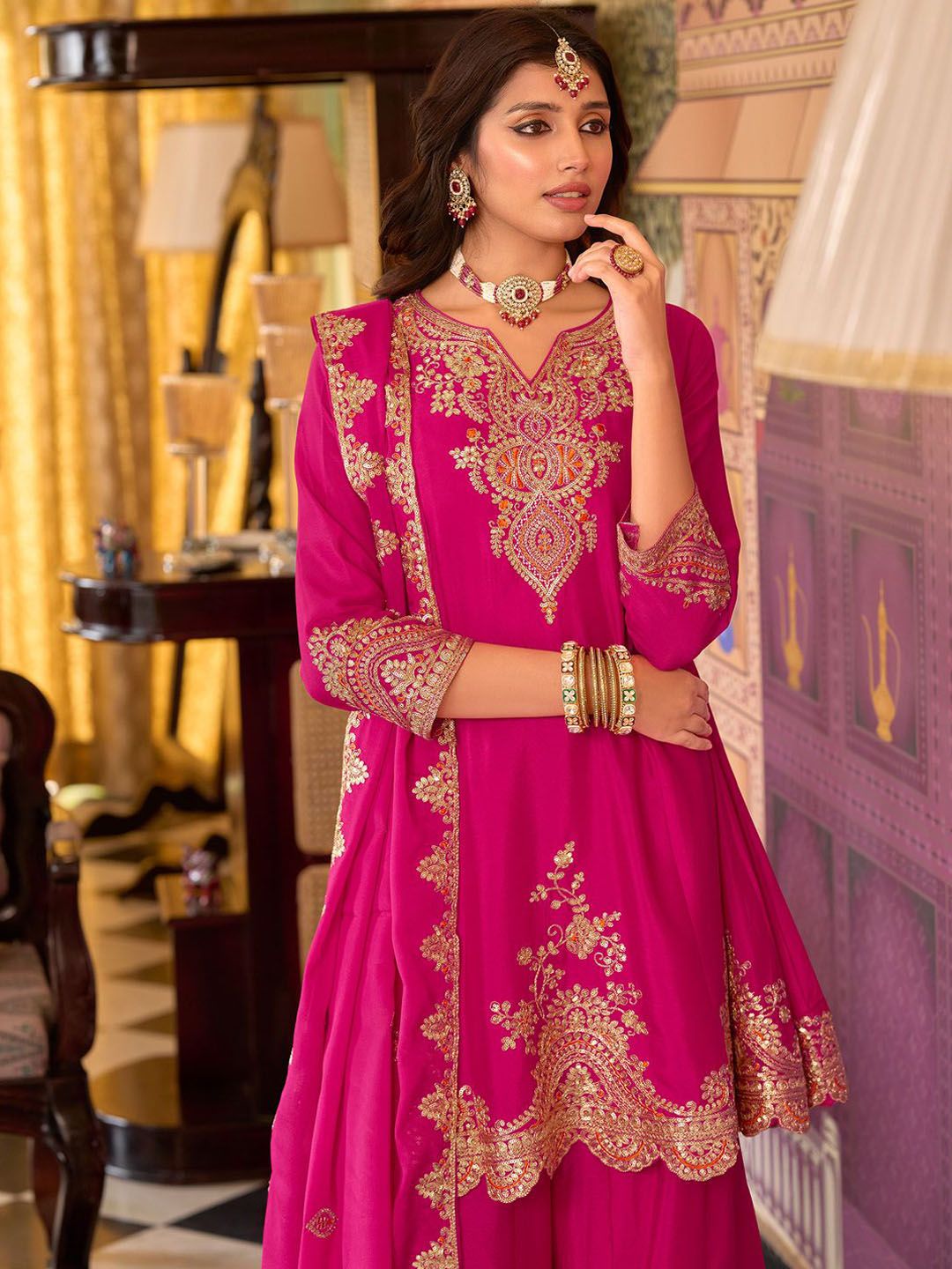 Floral Embroidered Sequinned Chinon A-Line Kurta With Palazzos & Dupatta