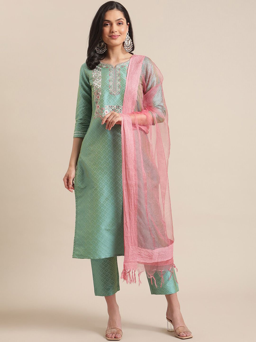 Indyancart VA Women's Floral Embroidered Thread Work Kurta with Trousers & With Dupatta