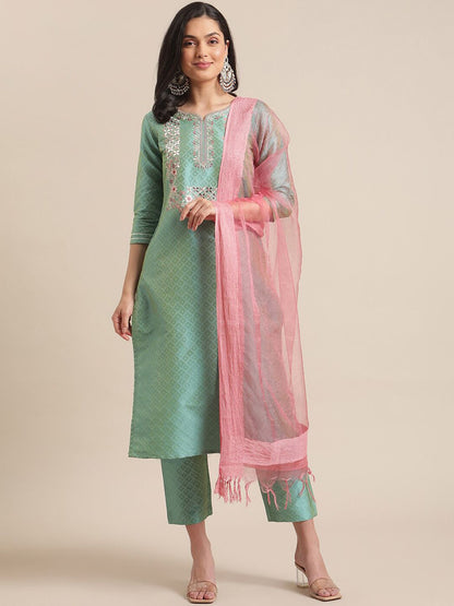 Indyancart VA Women's Floral Embroidered Thread Work Kurta with Trousers & With Dupatta