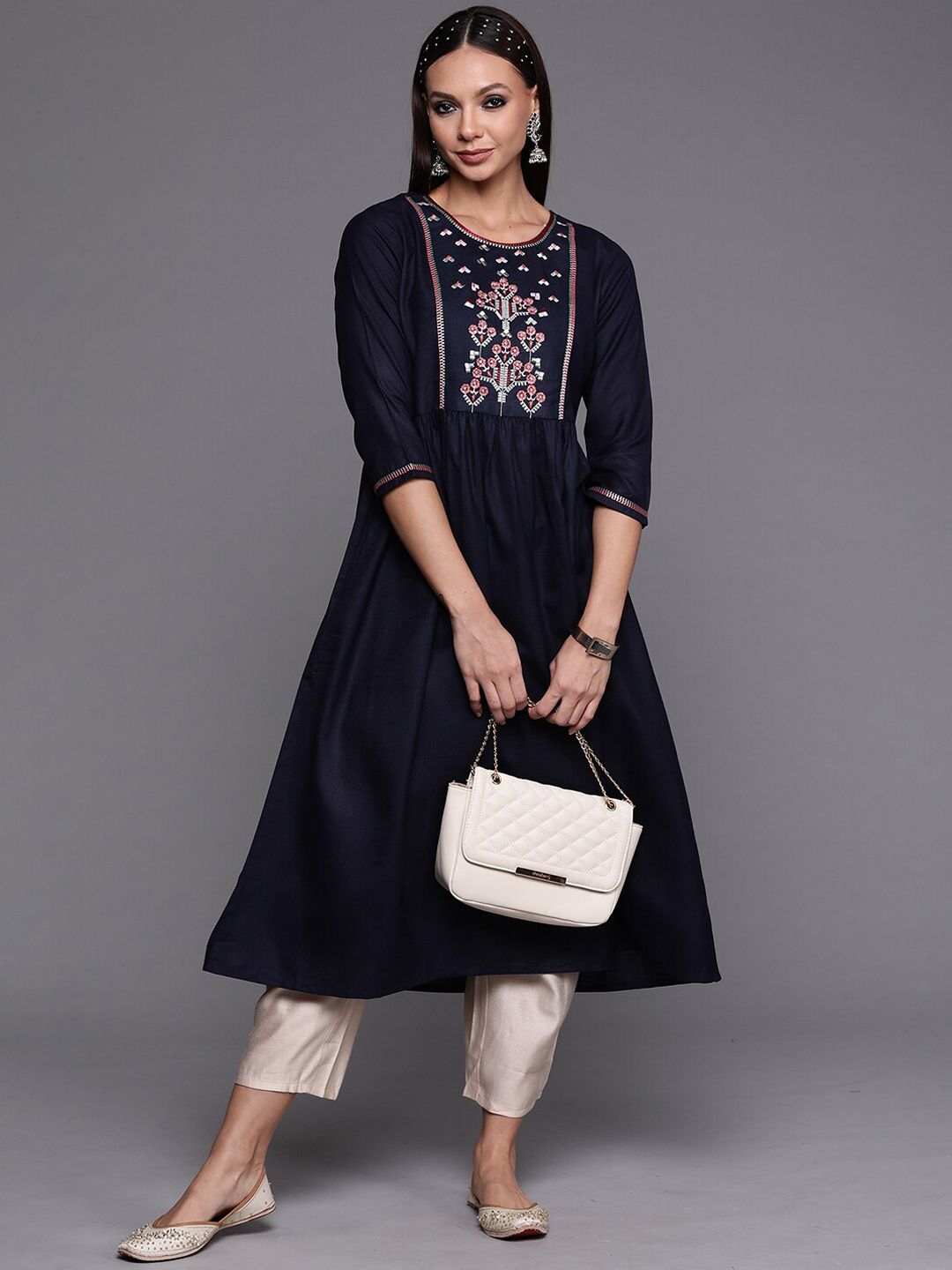 Dhiyona IE Women Yoke Design Embroidered A-line Cotton Kurta