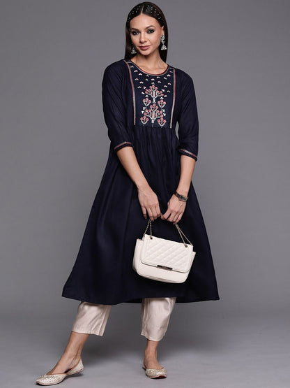 Dhiyona IE Women Yoke Design Embroidered A-line Cotton Kurta