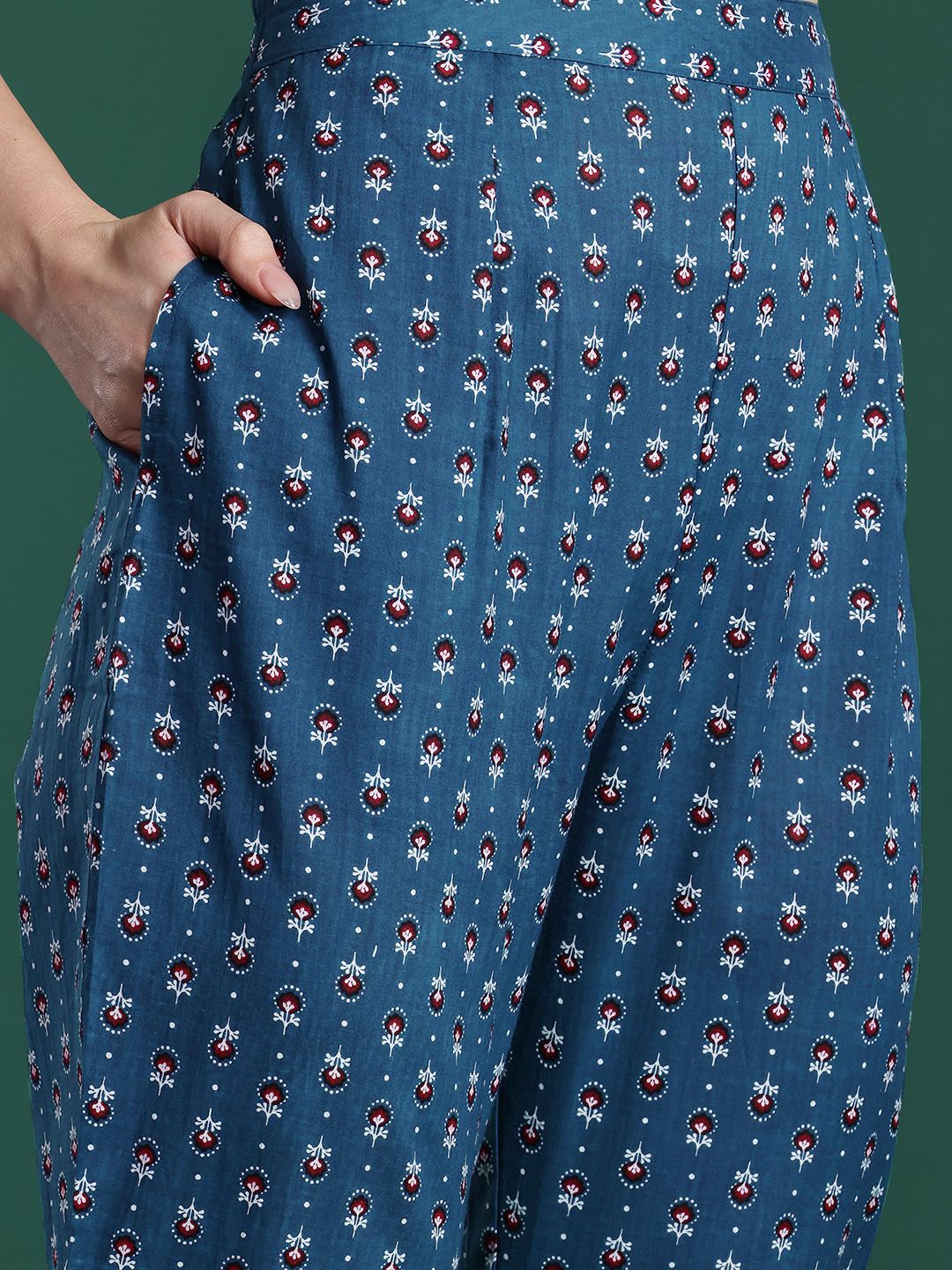 Indyancart IE Ethnic Motifs Printed Mirror Work Pure Cotton Kurta with Trousers & With Dupatta