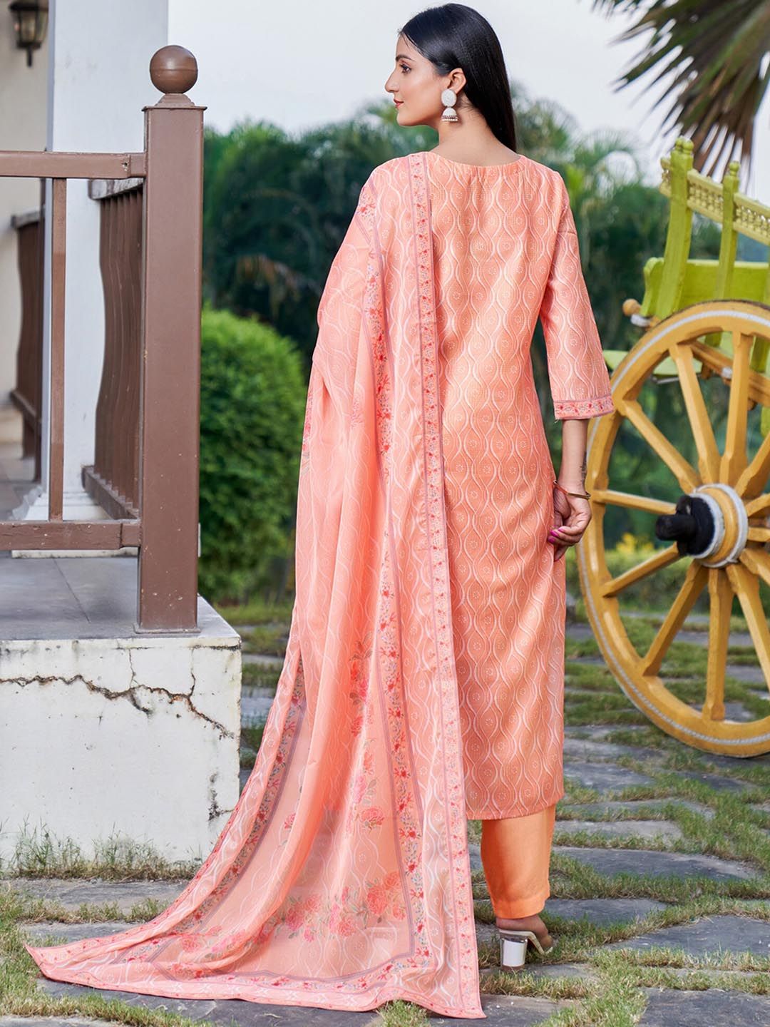 Indyancart IE Pink Floral Embroidered Round Neck Straight Kurta with Trousers & Dupatta