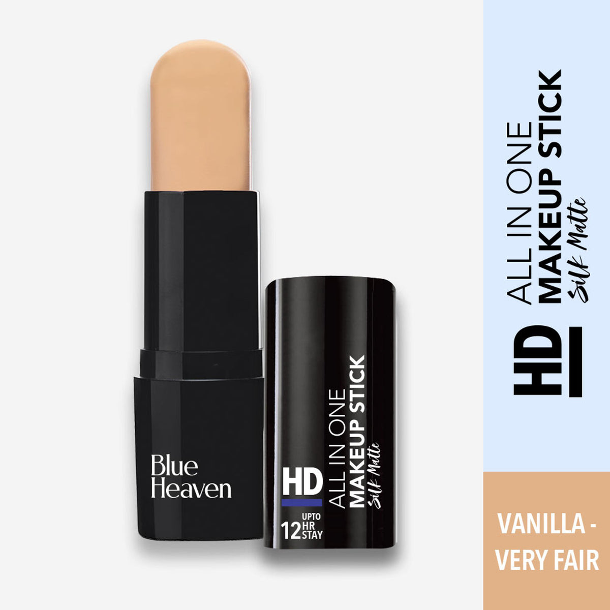 Blue Heaven HD All In One Make Up Stick in Vanilla Very Fair, showing the sleek blue packaging and the stick's smooth application surface.