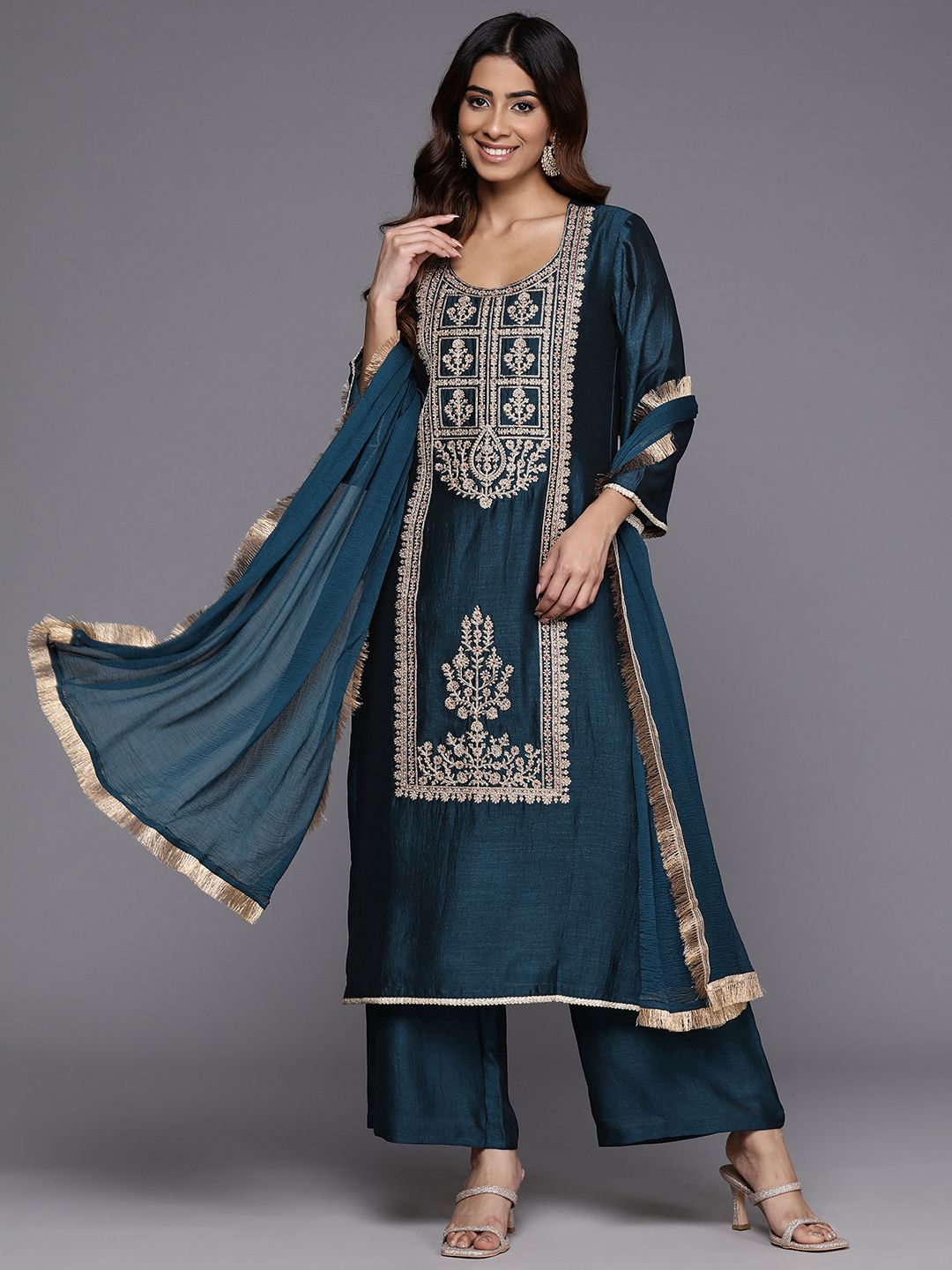 Dhiyona VA Women's Floral Embroidered Regular Kurta with Palazzos & With Dupatta