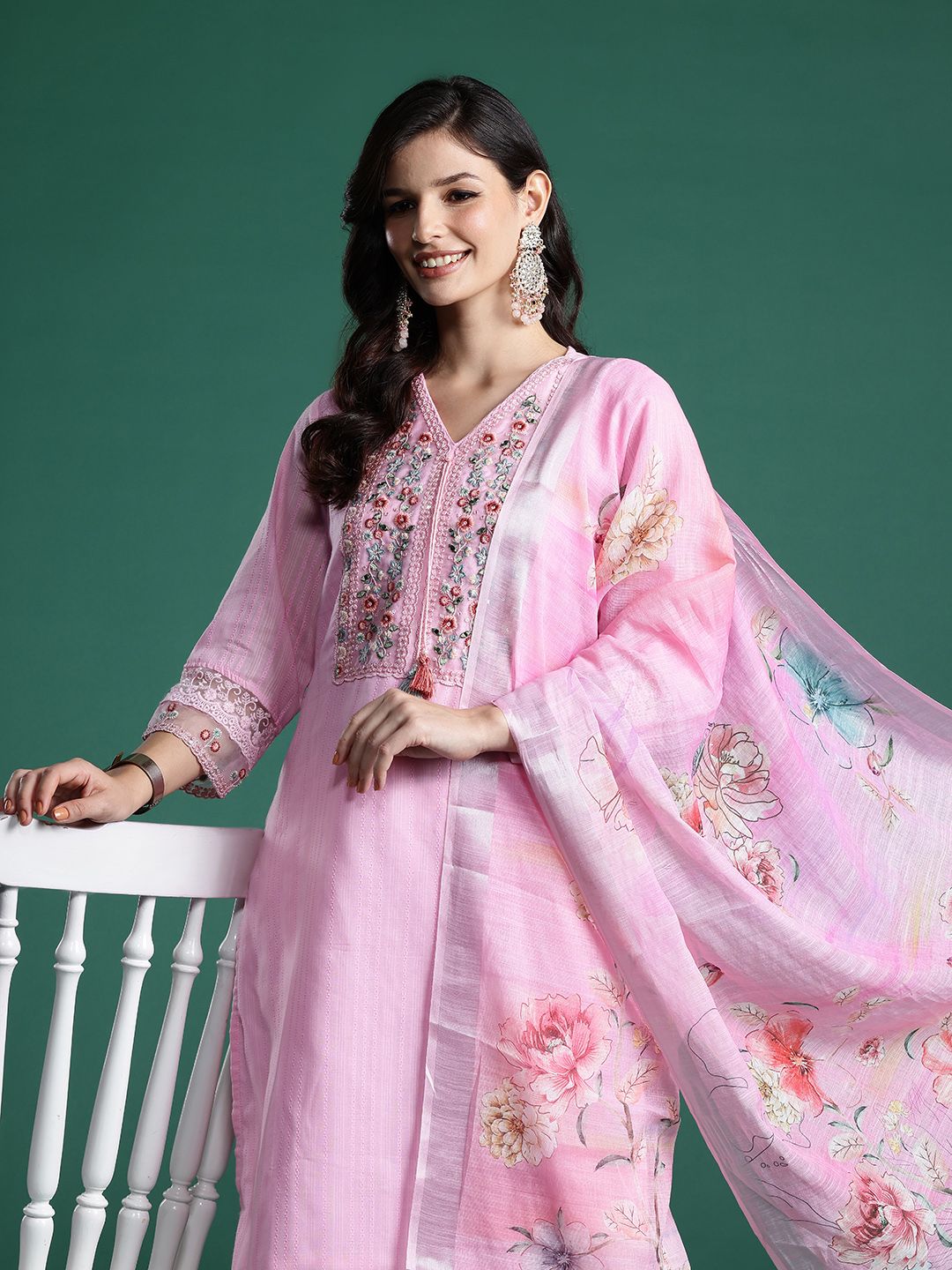 Indyancart IE Floral Embroidered Sequinned Pure Cotton Kurta With Trousers & Dupatta