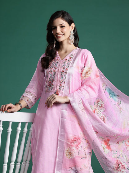 Indyancart IE Floral Embroidered Sequinned Pure Cotton Kurta With Trousers & Dupatta