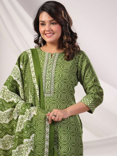 Indyancart IE Women Bandhani Printed Regular Pure Cotton Kurta with Trousers & Dupatta
