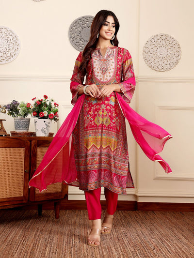 Indyancart VA Women'sEthnic Motifs Printed Gotta Patti Chanderi Silk Kurta With Trousers And Dupatta