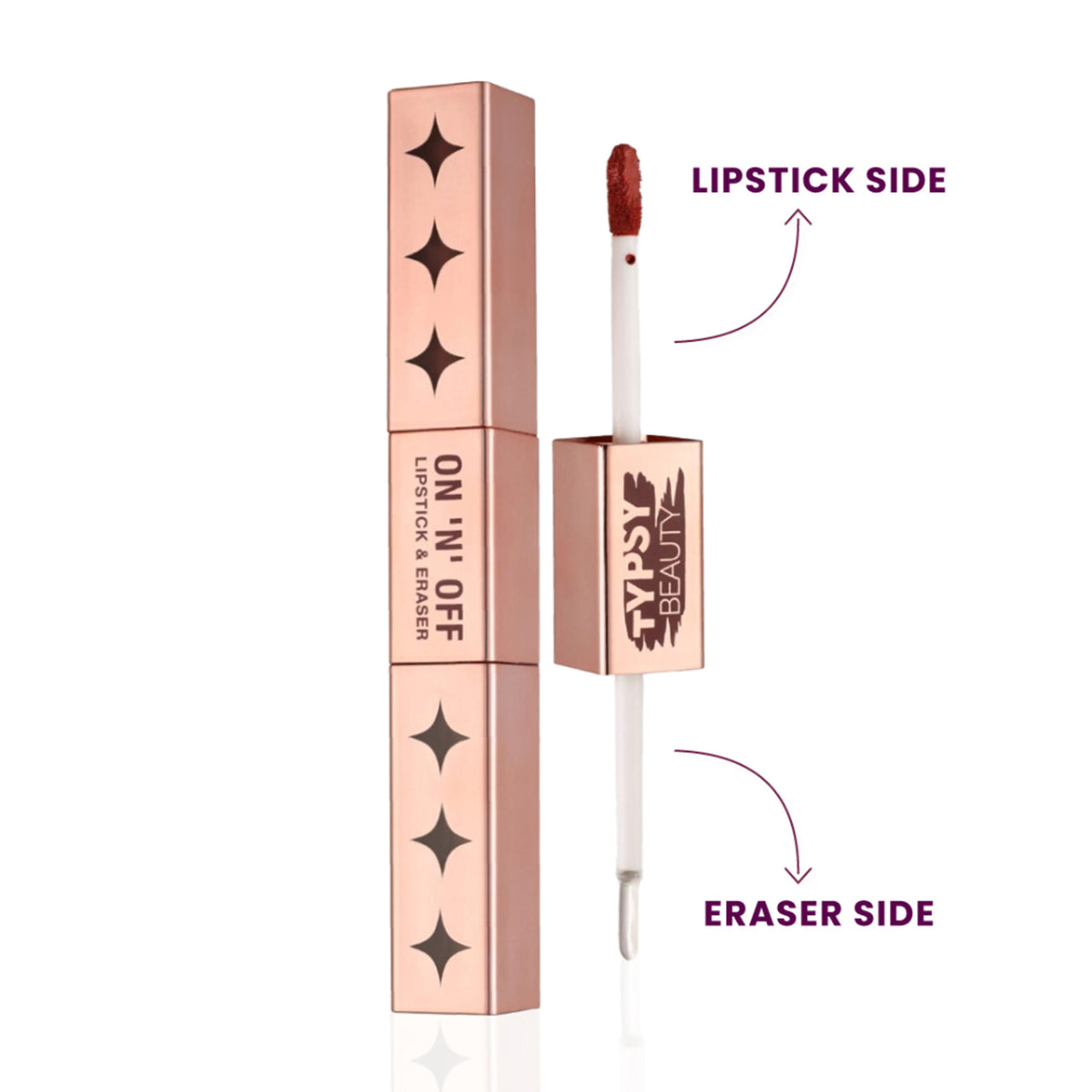 Typsy Beauty ON 'n' OFF lipstick and eraser in Wine O'Clock 07, featuring deep wine-colored lipstick and matching eraser.