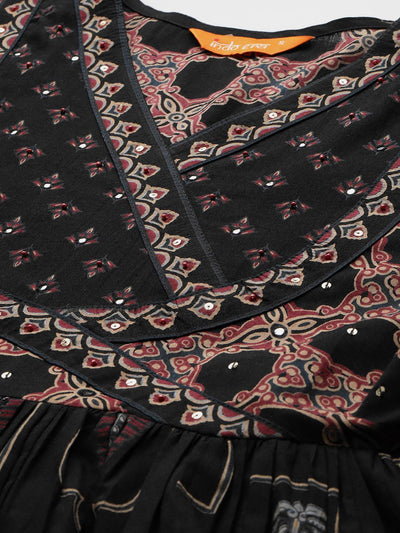 Indyancart IE Ethnic Motifs Printed Angrakha Beads & Stones Pure Cotton Kurta Set