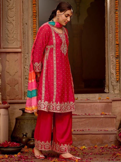 Indyancart IE Floral Embroidered Panelled Mirror Work A-Line Kurta With Palazzos & Dupatta