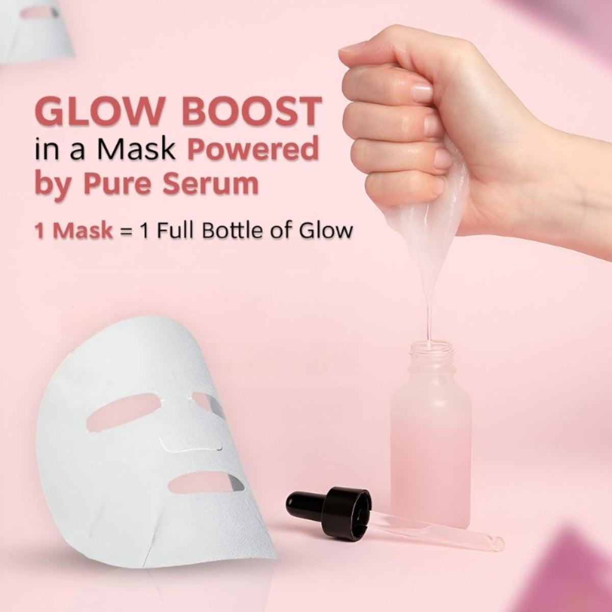 Dunamiss Hydra Boost Instant Glow Sheet Mask with hyaluronic acid, featuring a woman with glowing skin applying the sheet mask.