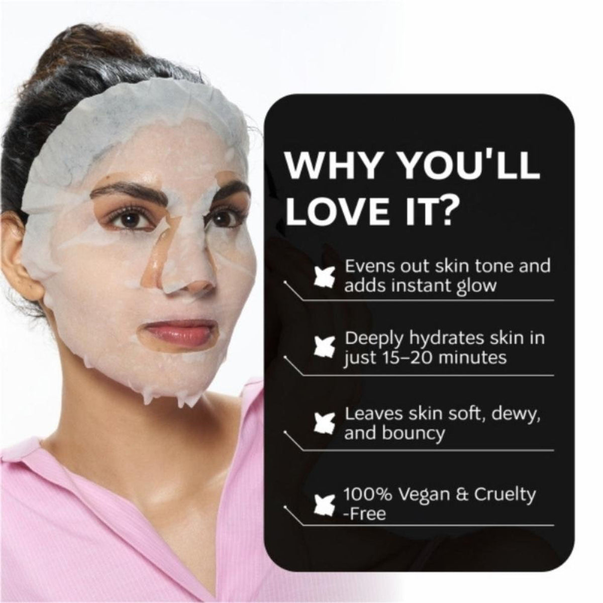 Dunamiss Hydra Boost Instant Glow Sheet Mask with hyaluronic acid, showing the sheet mask and packaging from Dunamiss Cosmetics.