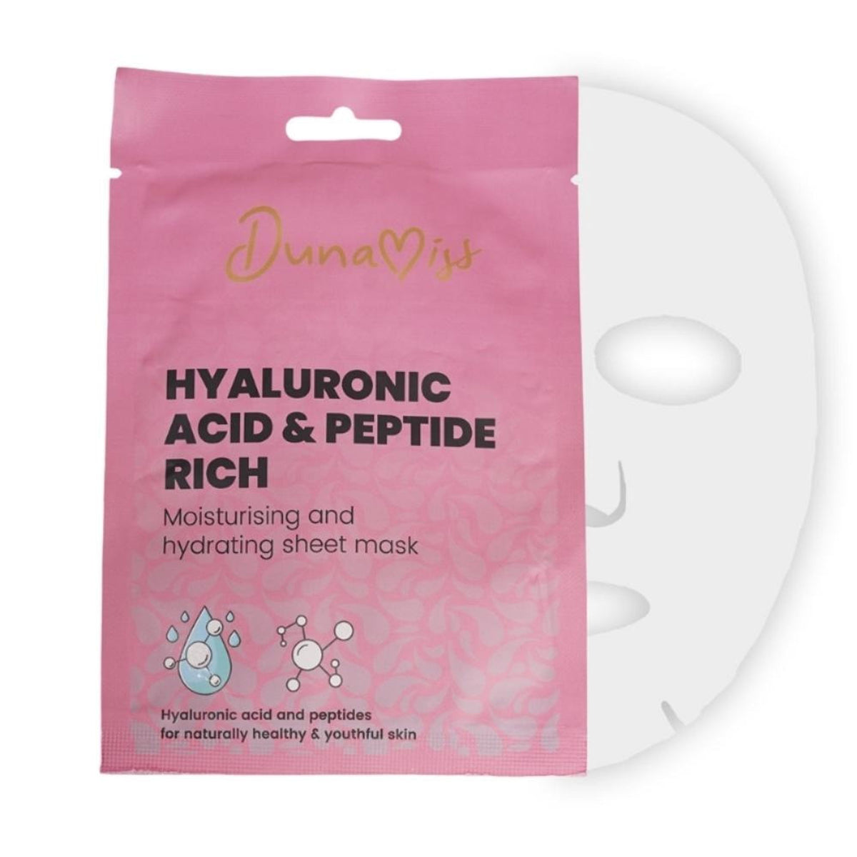 Dunamiss Hydra Boost Instant Glow Sheet Mask with hyaluronic acid, featuring a skincare mask on a clean, white background.