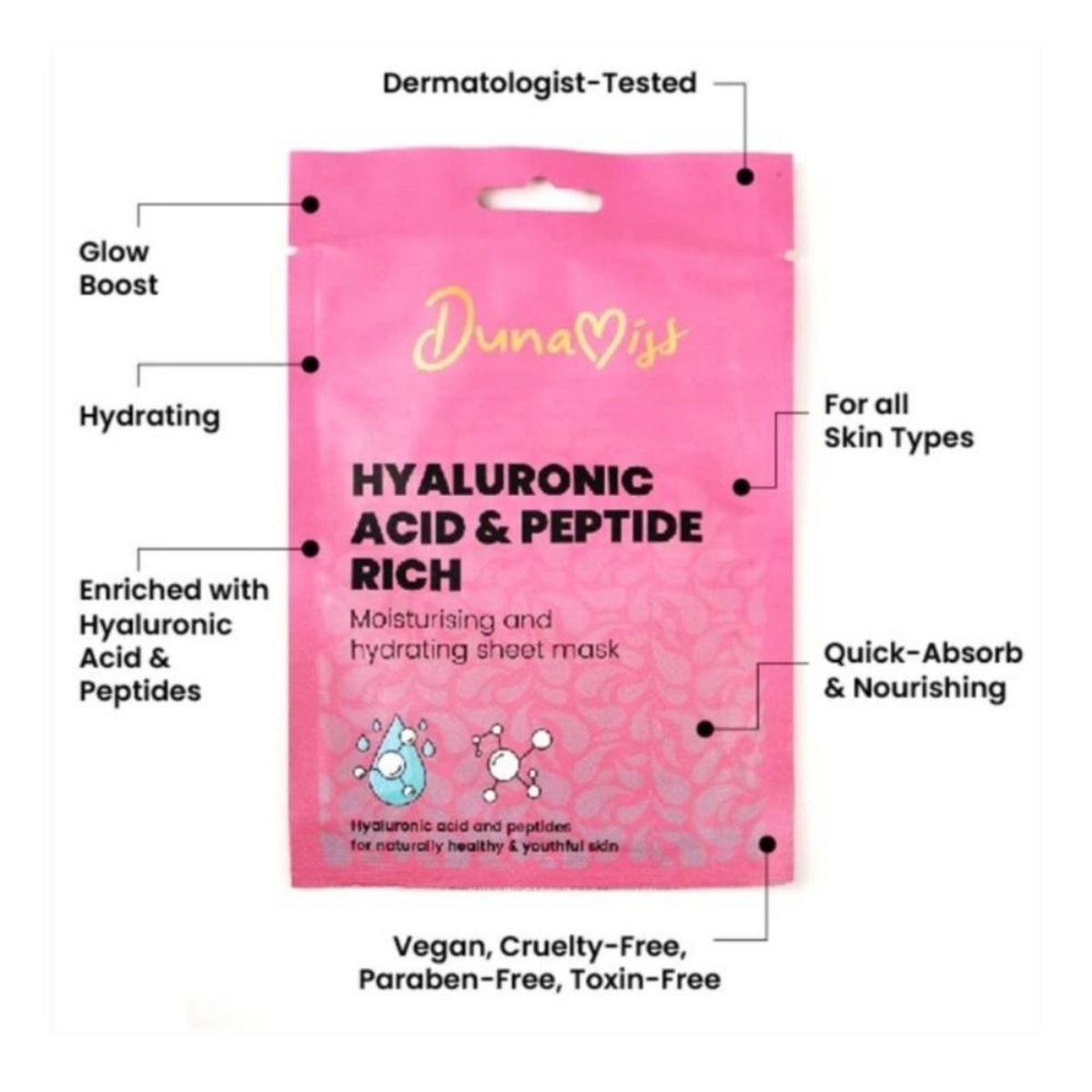 Dunamiss Hydra Boost Instant Glow Sheet Mask with Hyaluronic Acid, skincare product from Dunamiss Cosmetics, close-up view