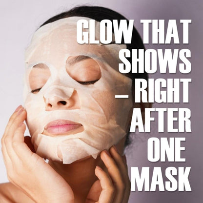Dunamiss Hydra Boost instant glow sheet mask with hyaluronic acid, shown on a skincare display with open packaging.