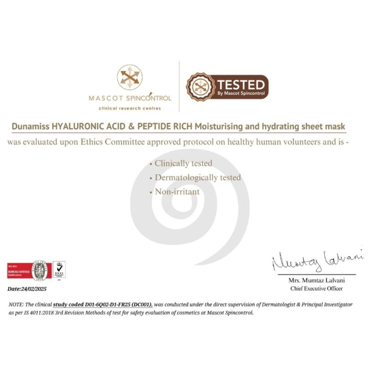 Dunamiss Hydra Boost Instant Glow Sheet Mask with hyaluronic acid, showing the sheet mask soaked in serum ready for skincare.