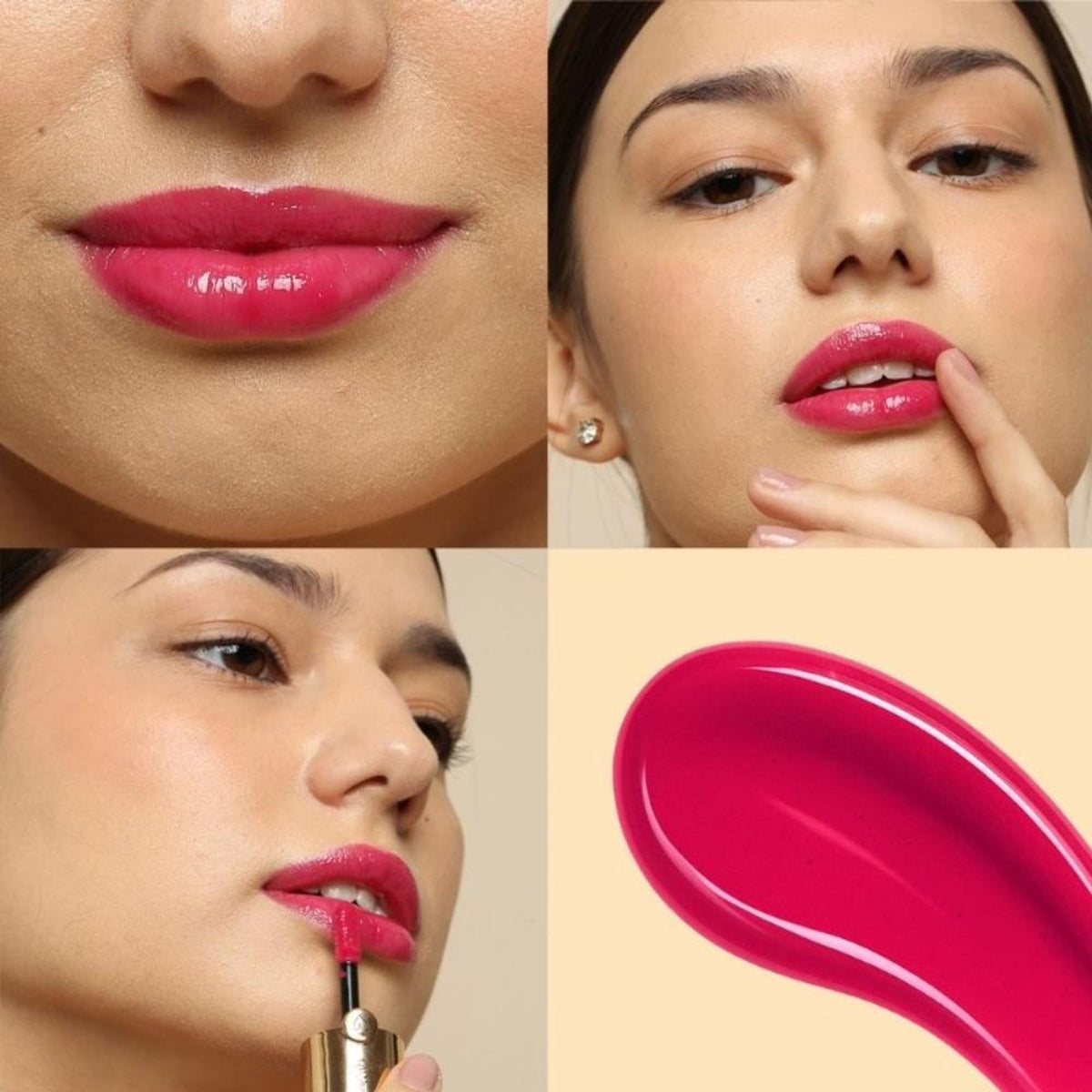 Dunamiss Lip Glow Oil in Rosita by Dunamiss Cosmetics, showcasing a glossy lip product with a smooth applicator and vibrant color.