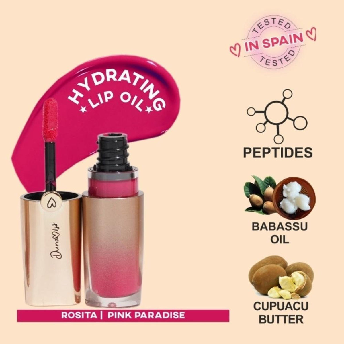 Dunamiss Lip Glow Oil in Rosita with a sleek bottle, featuring shiny lip gloss and elegant packaging for nourishing lips.