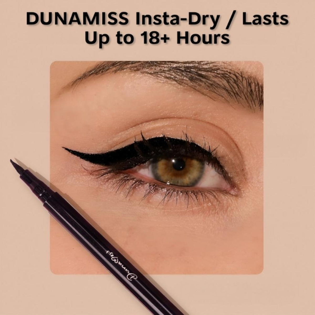 Dunamiss Liquid Sketch Smudge Proof Eyeliner in intense black, showing a sleek black eyeliner pen with precise tip and smooth ink flow
