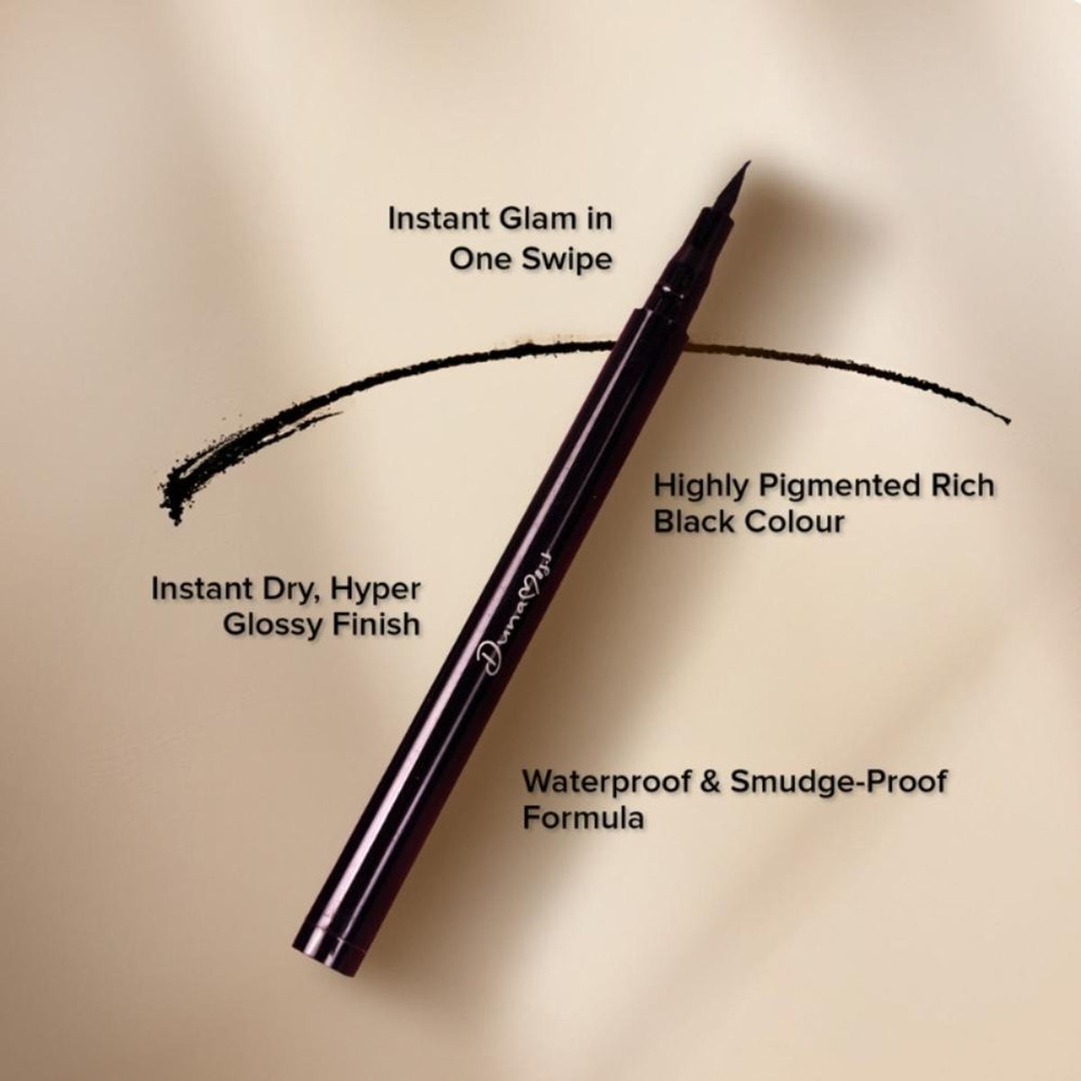 Dunamiss Cosmetics Liquid Sketch Smudge Proof Eyeliner in intense black, with a precise applicator and sleek black packaging.